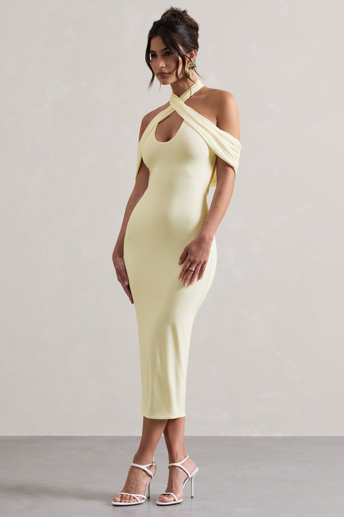 Connect | Cream Bodycon Halter-Neck Midi Dress With Cut-Out