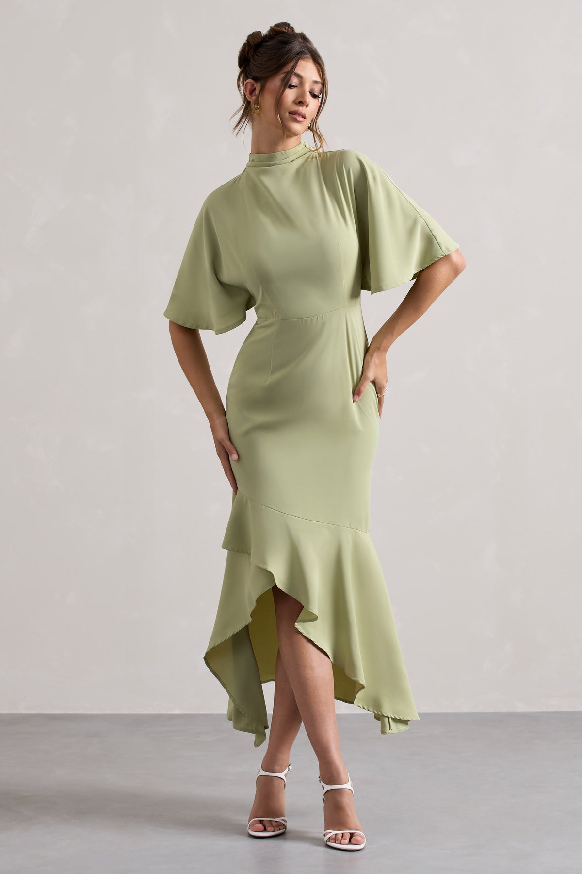 Lavinia | Sage High-Neck Flutter-Sleeve Asymmetric Maxi Dress
