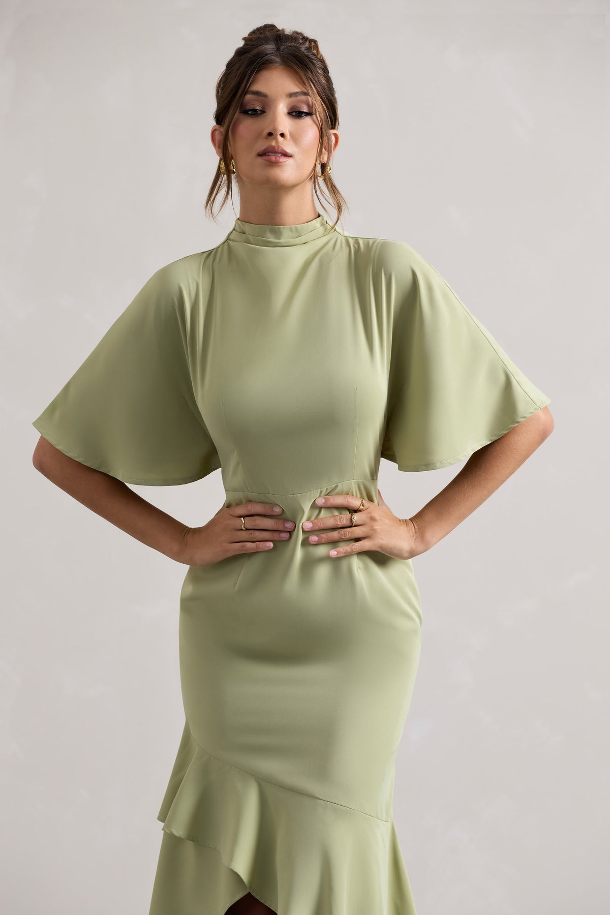 Lavinia | Sage High-Neck Flutter-Sleeve Asymmetric Maxi Dress