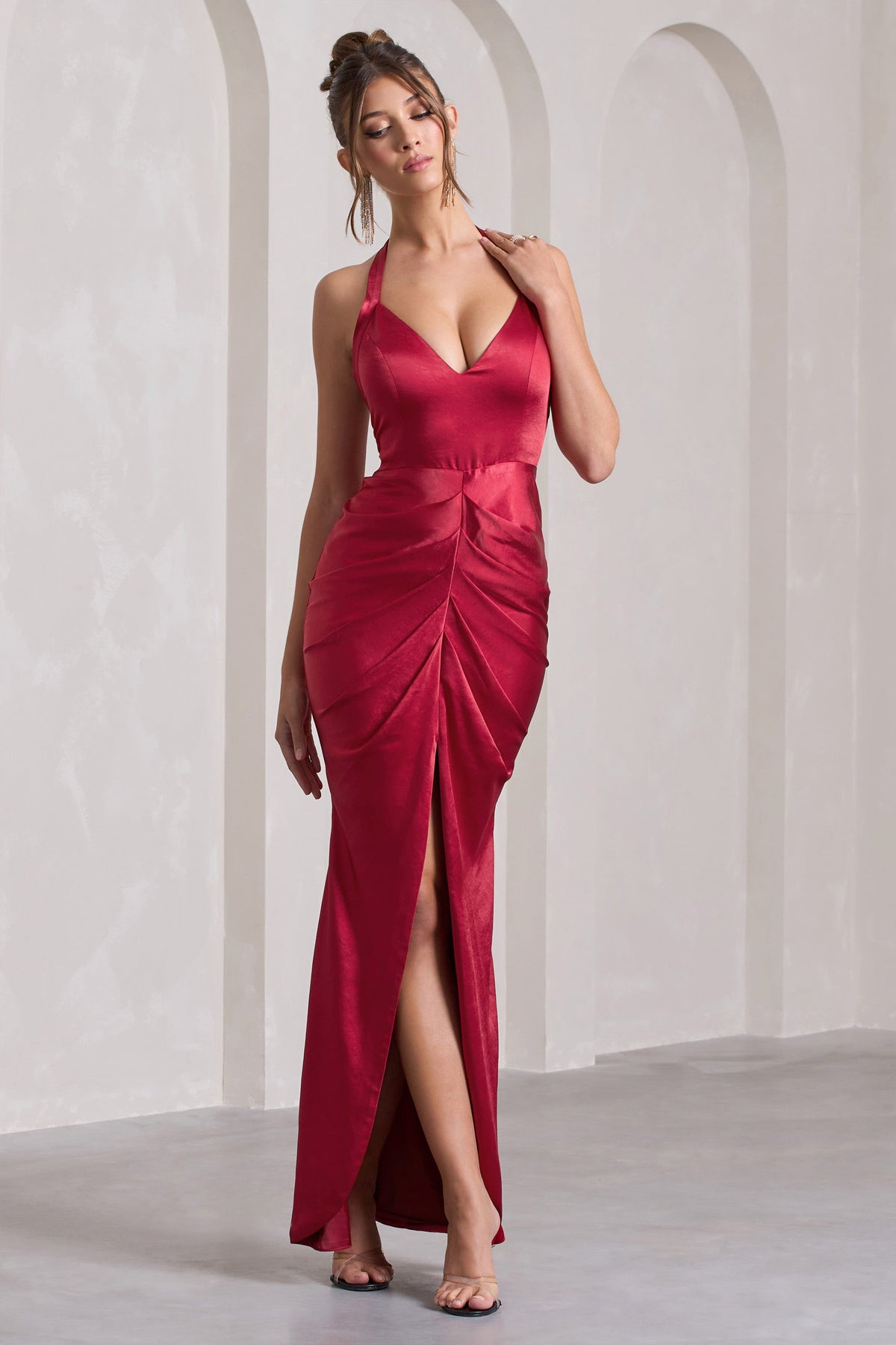 Red extreme split strappy back maxi dress cheap