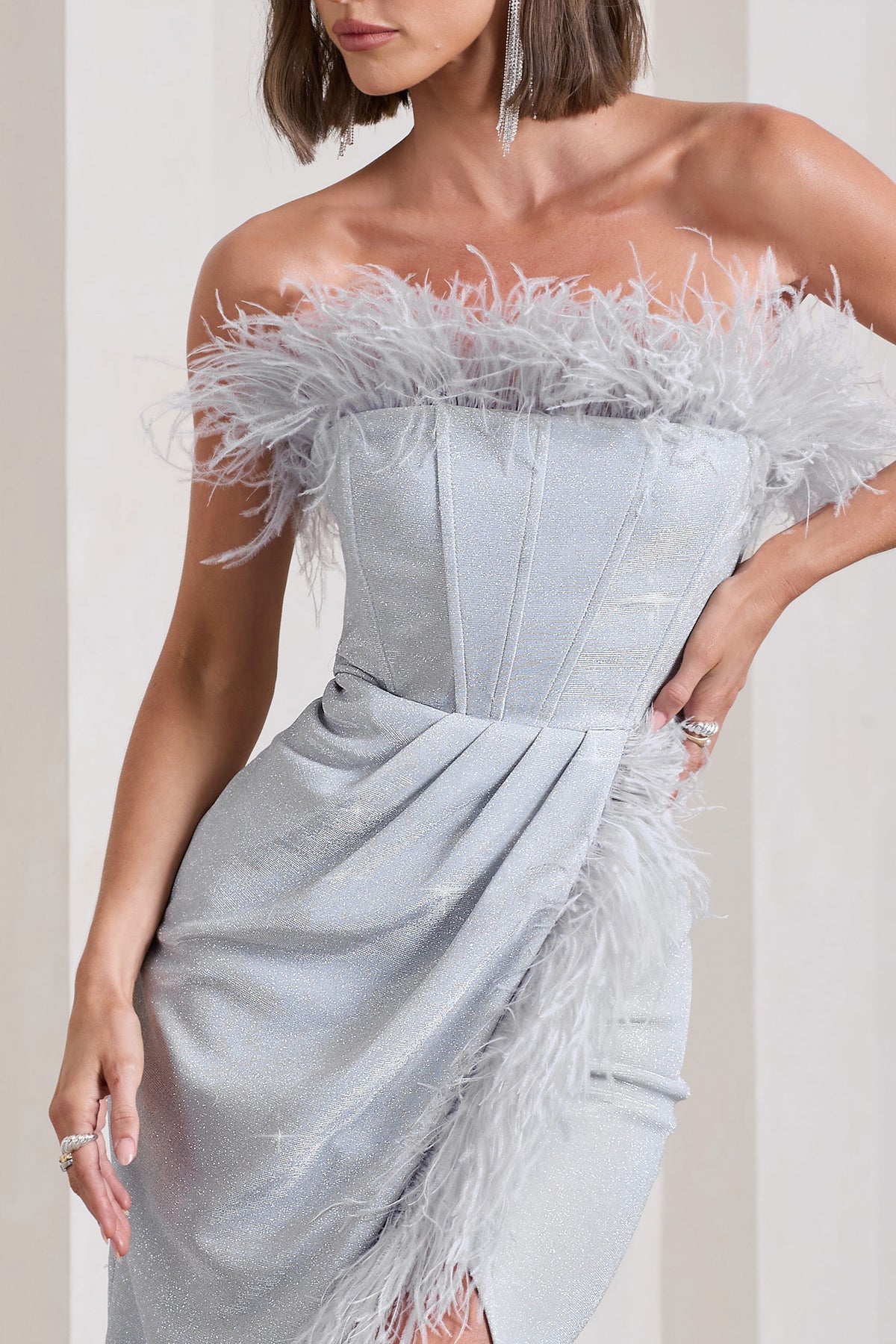 Crystal Silver Metallic Bandeau Corset Maxi Dress With Feather