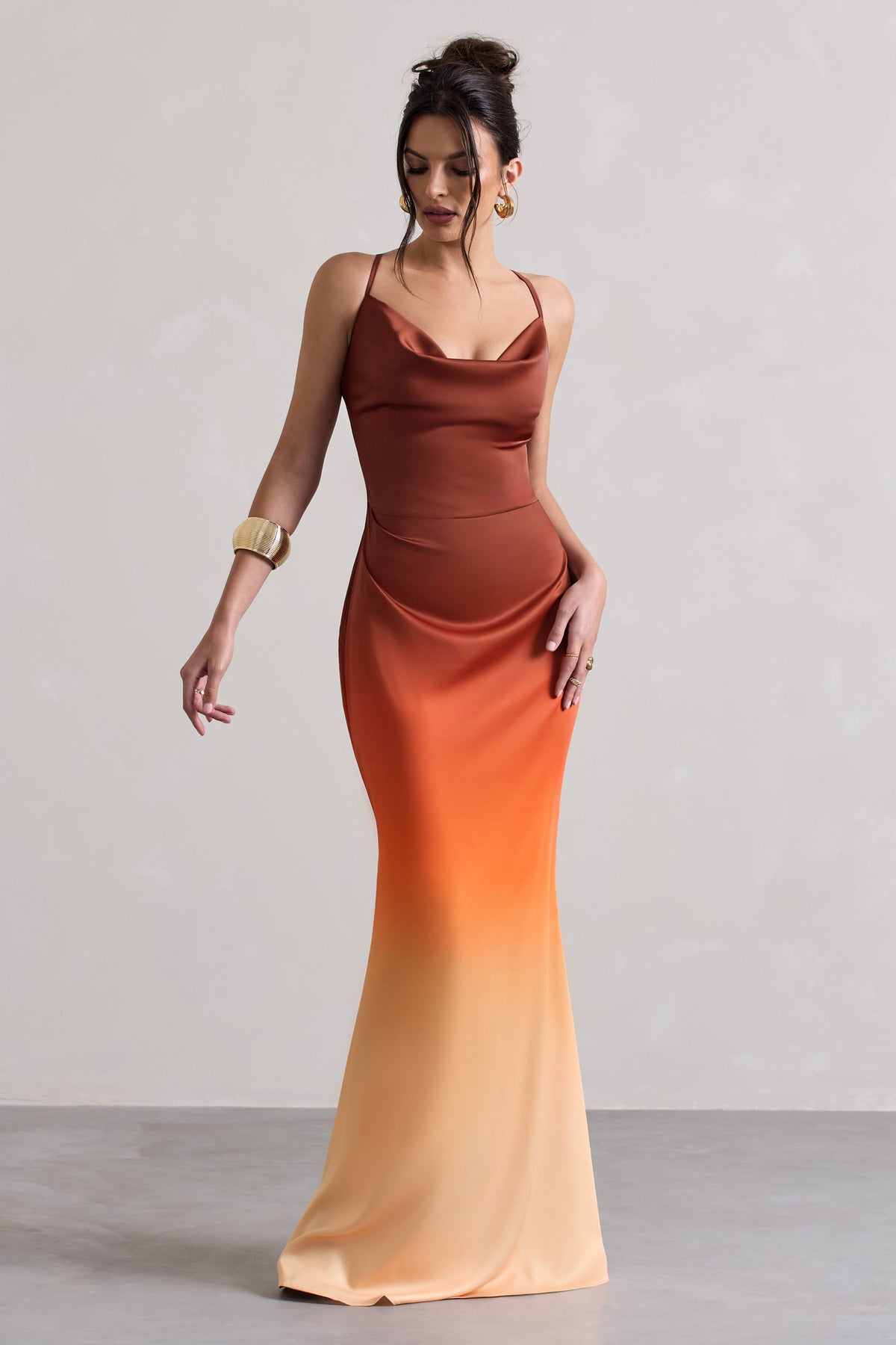 Fiji | Orange Ombre Satin Cowl-Neck Strappy Maxi Dress