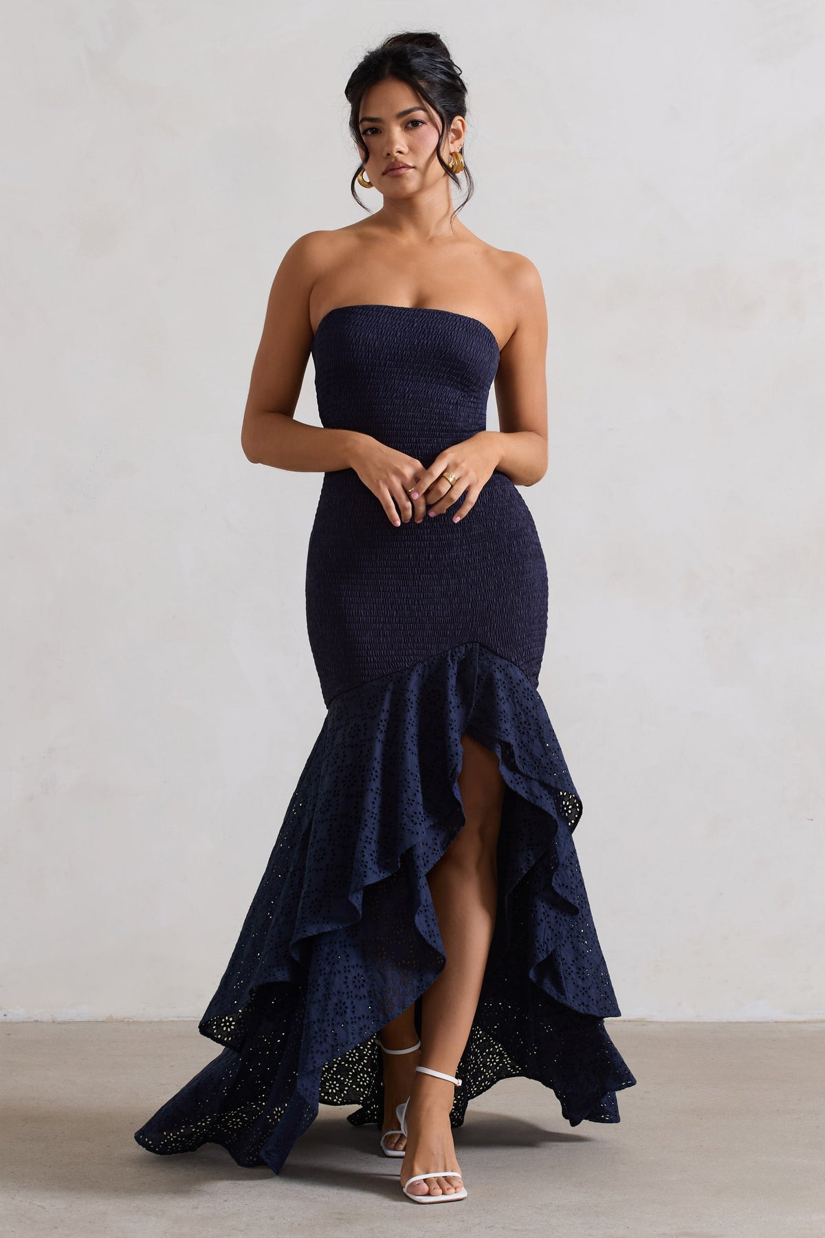 Solange | Navy Broderie Bandeau High-Low Maxi Dress