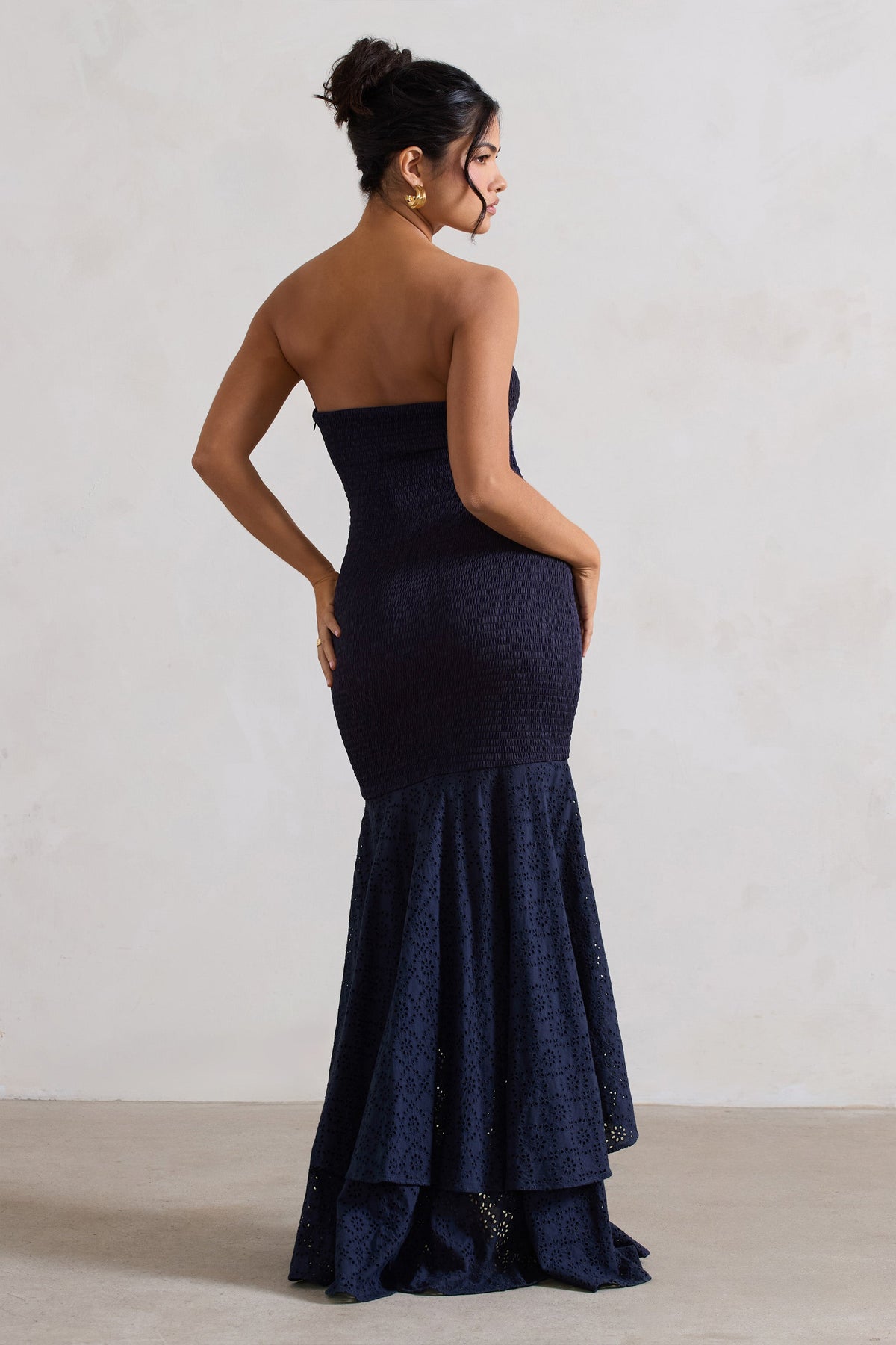 Solange | Navy Broderie Bandeau High-Low Maxi Dress