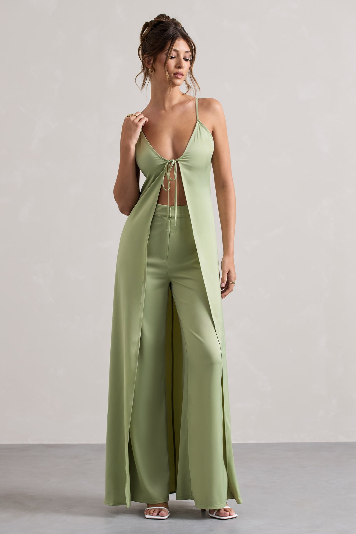 Your Way Pale Green Satin Wide Leg Trousers Club L London IRE