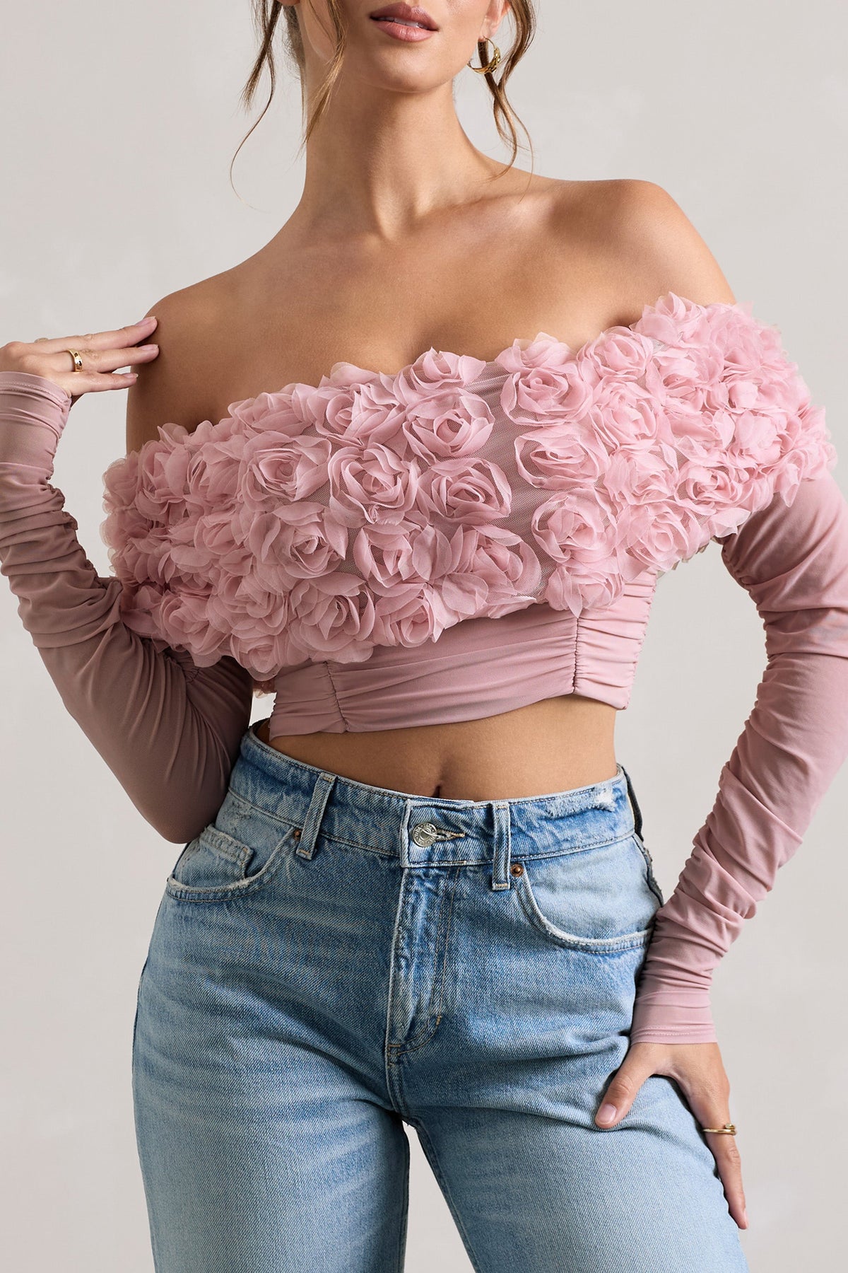 Libbie Pink Mesh Floral Bardot Top Club L London IRE