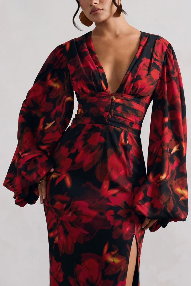 Long red floral dress hot sale
