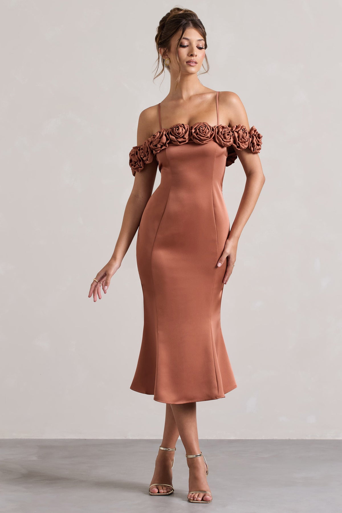 Petunia Rust Satin Floral Bardot Midi Dress Club L London IRE