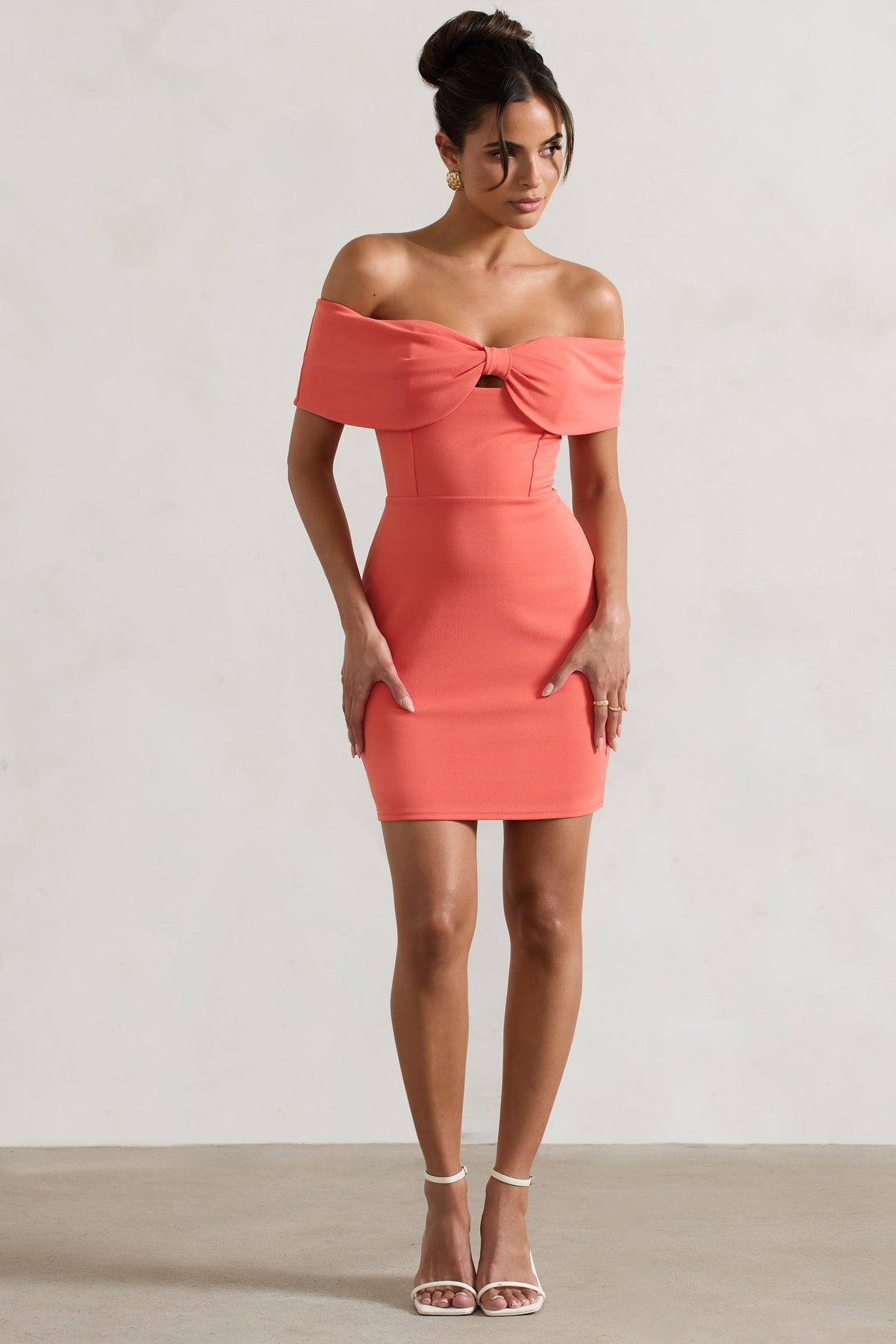 Megan Coral Bow Bardot Mini Dress Club L London IRE