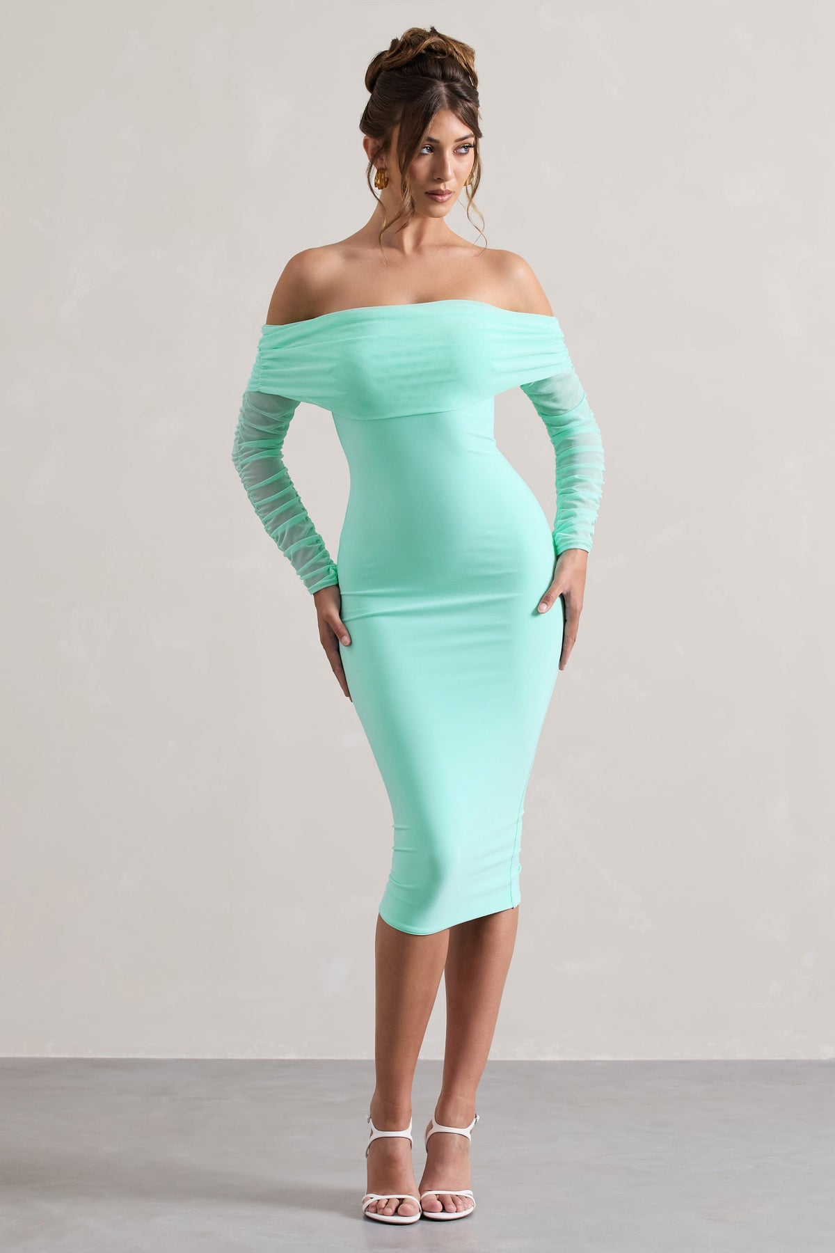 Only You | Mint Ruched Mesh Bardot Midi Dress