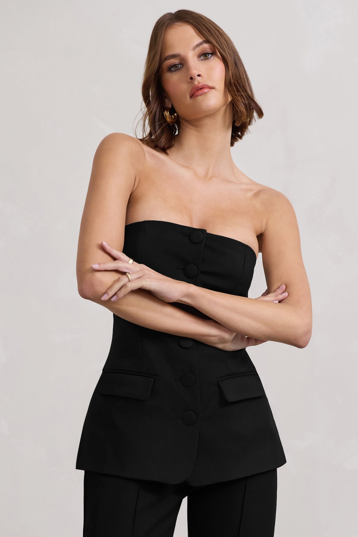 Elliana Black Strapless Button Front Tailored Top – Club L London