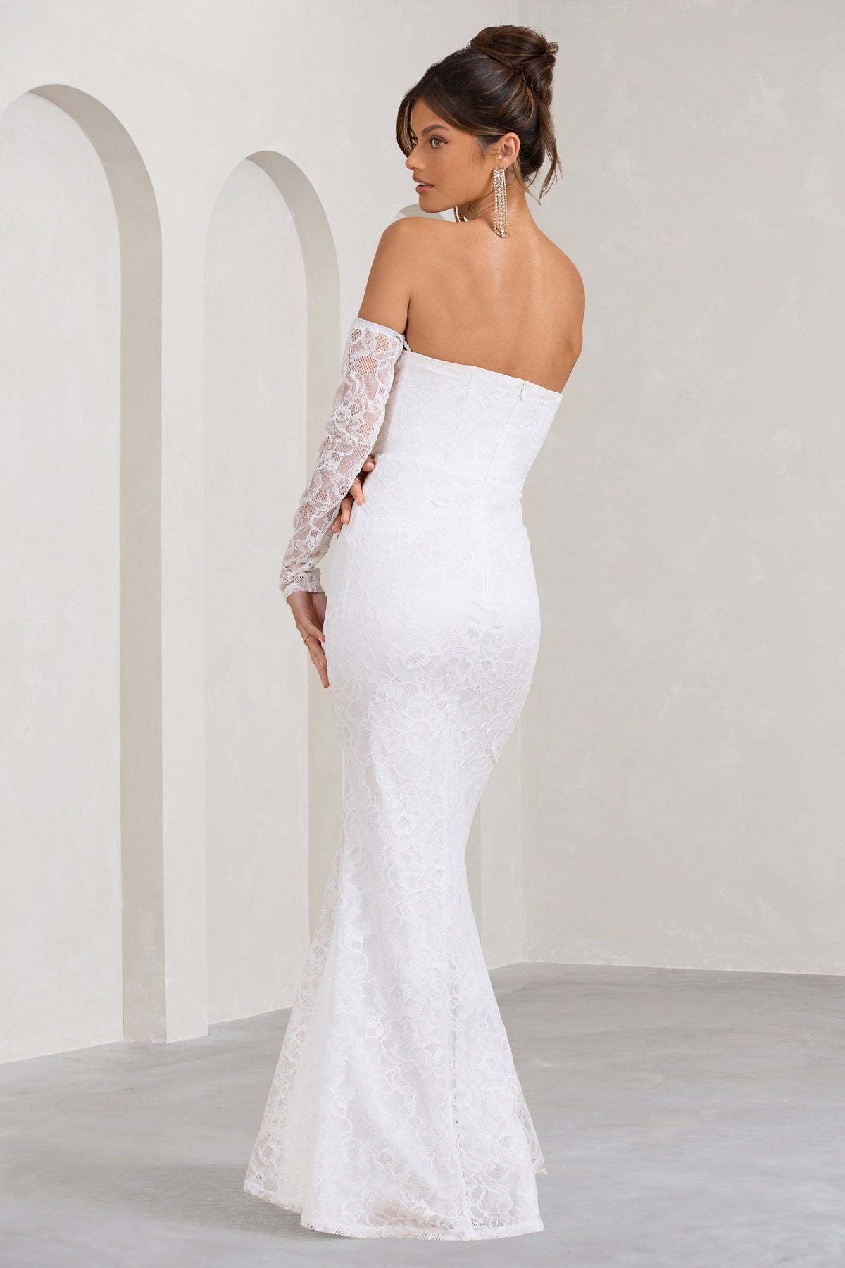 Aniyah White Lace Bandeau Neckline Corset Fishtail Maxi Dress With