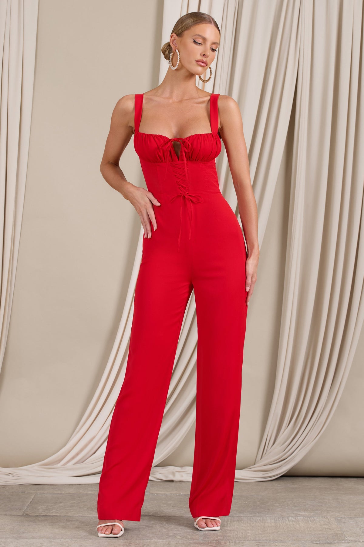 Nebbiolo Red Strappy Laced Corset Jumpsuit Club L London IRE