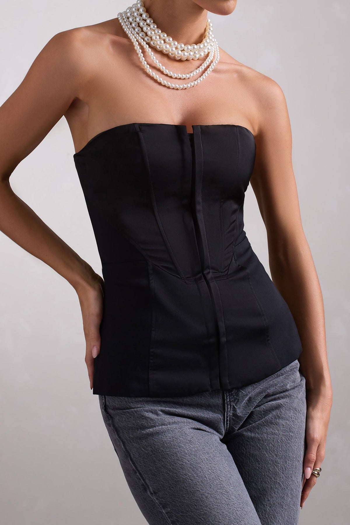 Illusive Black Satin-Blend Strapless Panelled Corset Top – Club L