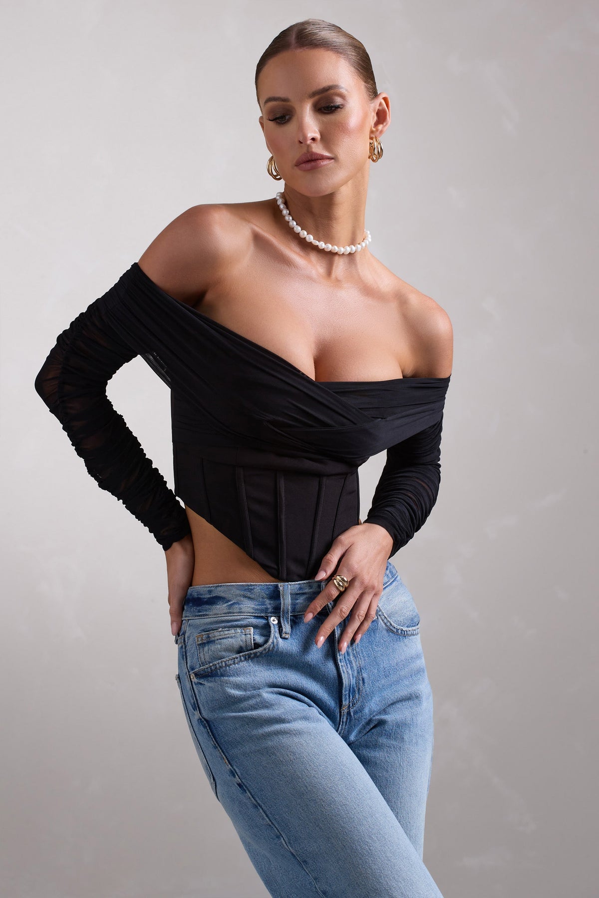 Dramatic Black Sheer Bardot Long Sleeved Corset Top Club L London IRE