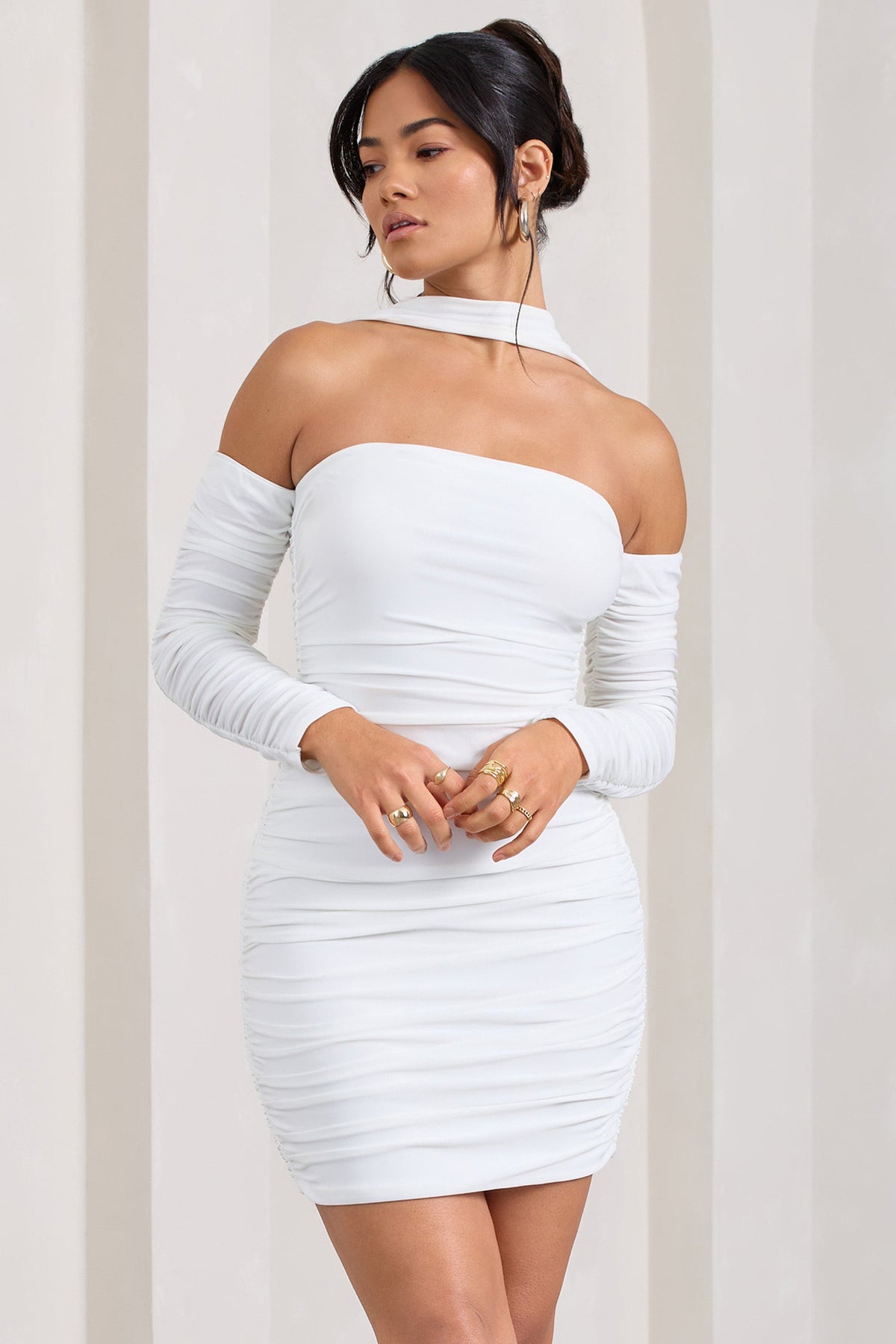 WB_CL128828005-Thea_WhiteRuchedLong-SleevedBodyconMiniDressWithHalterCollar3