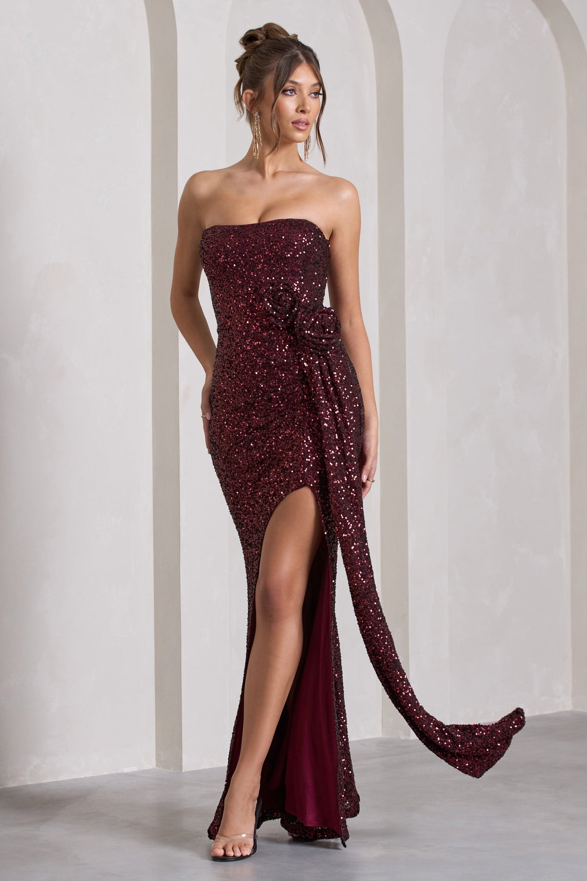 Alexandria Burgundy Sequin Corset Maxi Dress With Flowers Club L London IRE