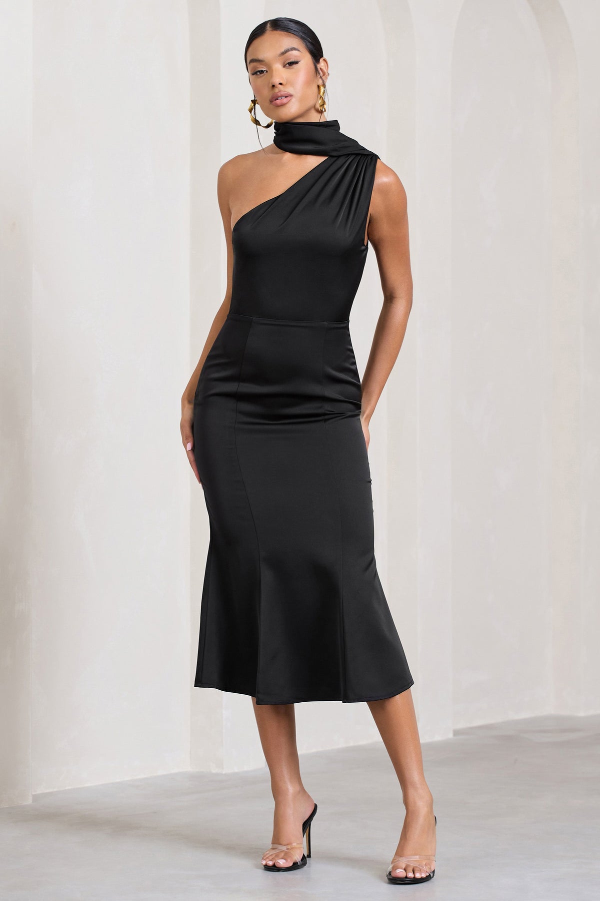 Golden Girl Black Satin Asymmetric High-Neck Flared Midi Dress – Club L  London - IRE