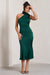Golden Girl | Bottle Green Satin One Shoulder High-Neck Flared Midi Dress