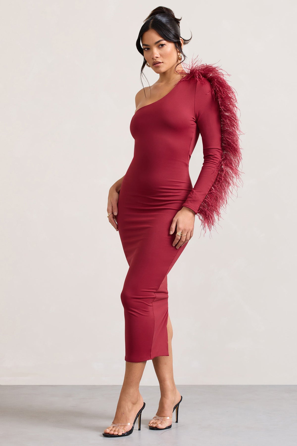 Wild One | Burgundy One-Shoulder Bodycon Midi Dress With Feather-Trimmed Sleeve