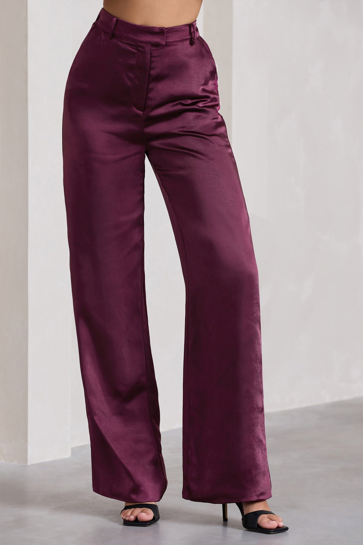 No Limits Burgundy Satin Wide Leg Trousers Club L London IRE
