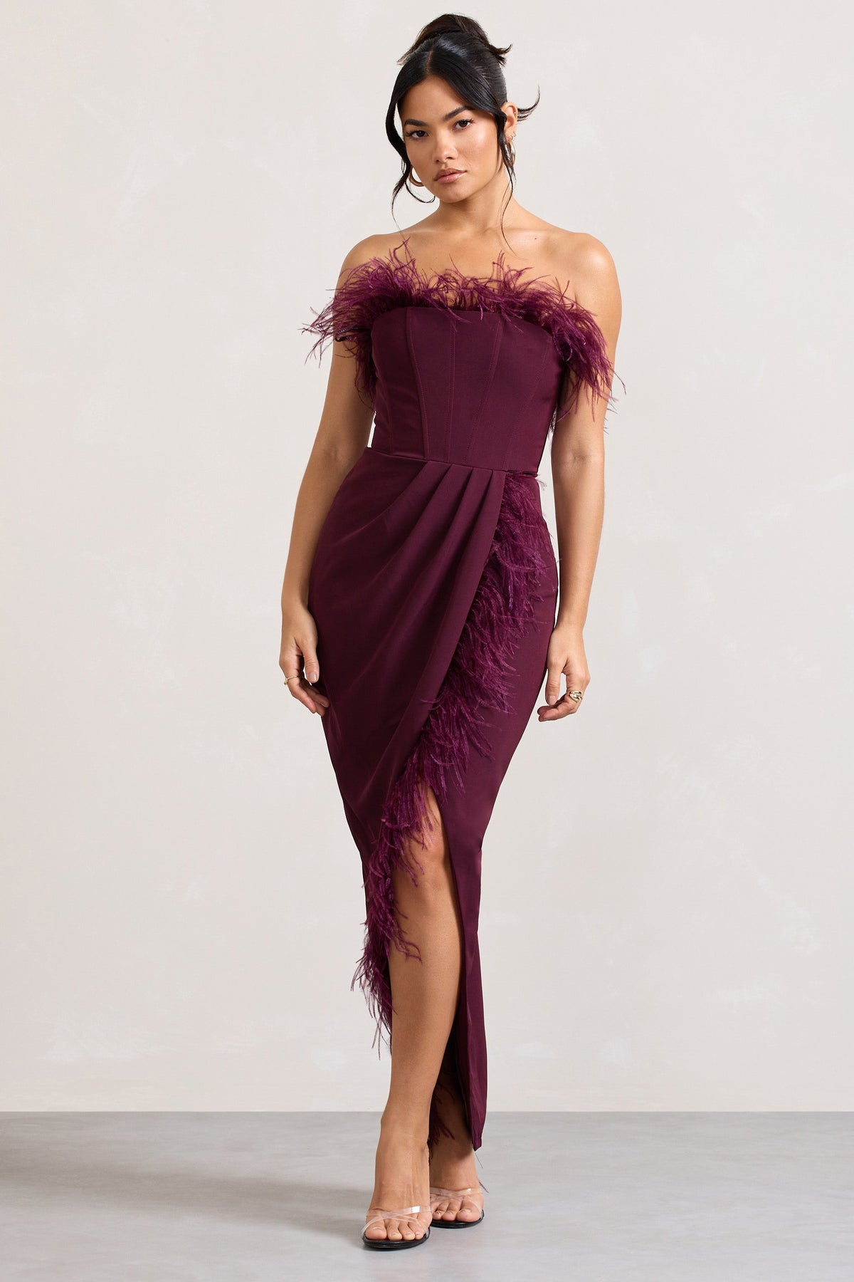 Cosmo Burgundy Bandeau Feather Corset Split Maxi Dress Club L London IRE