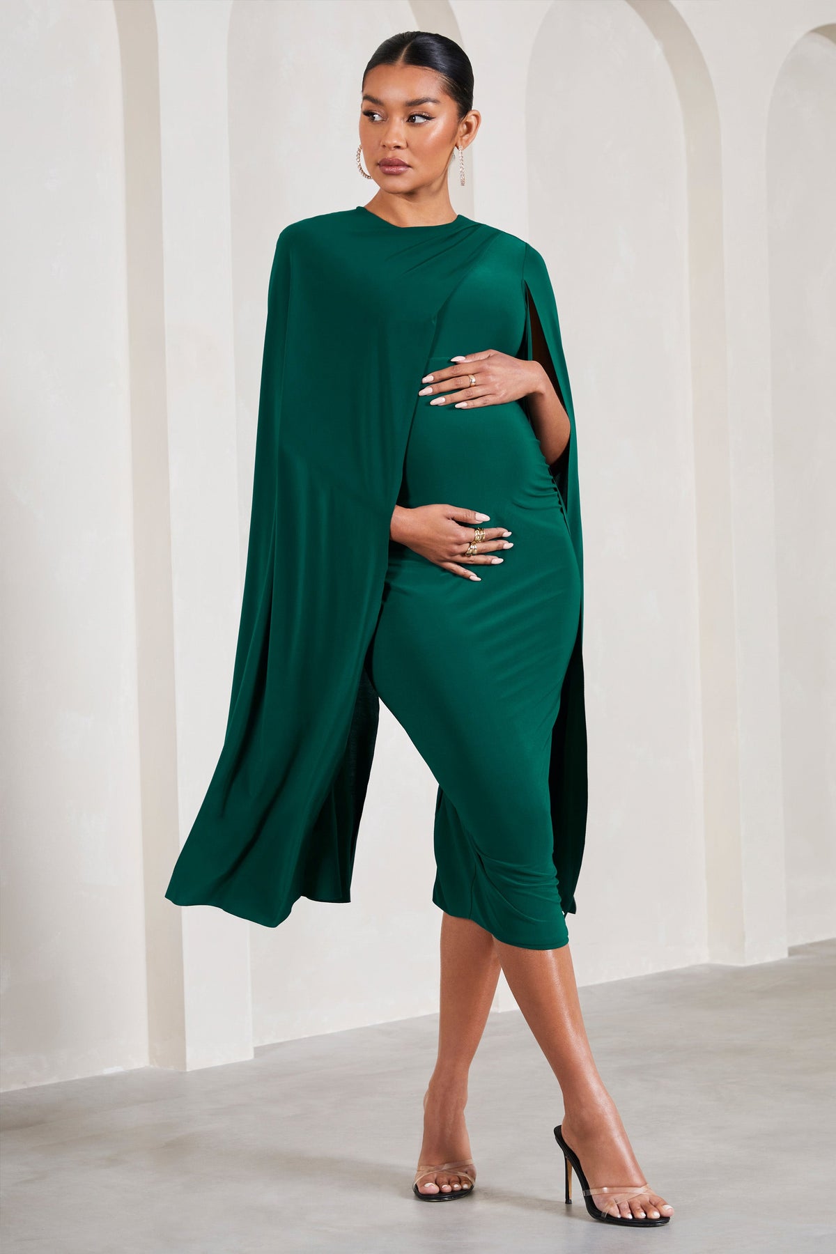 Cloud Nine Bottle Green Maternity Midi Dress With Cape Sleeves Club L London IRE