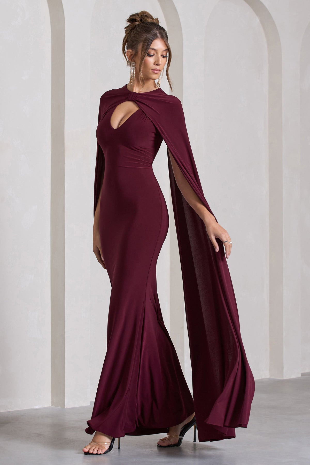 Standing Ovation Burgundy Plunge Neck Cape Maxi Dress Club L London IRE