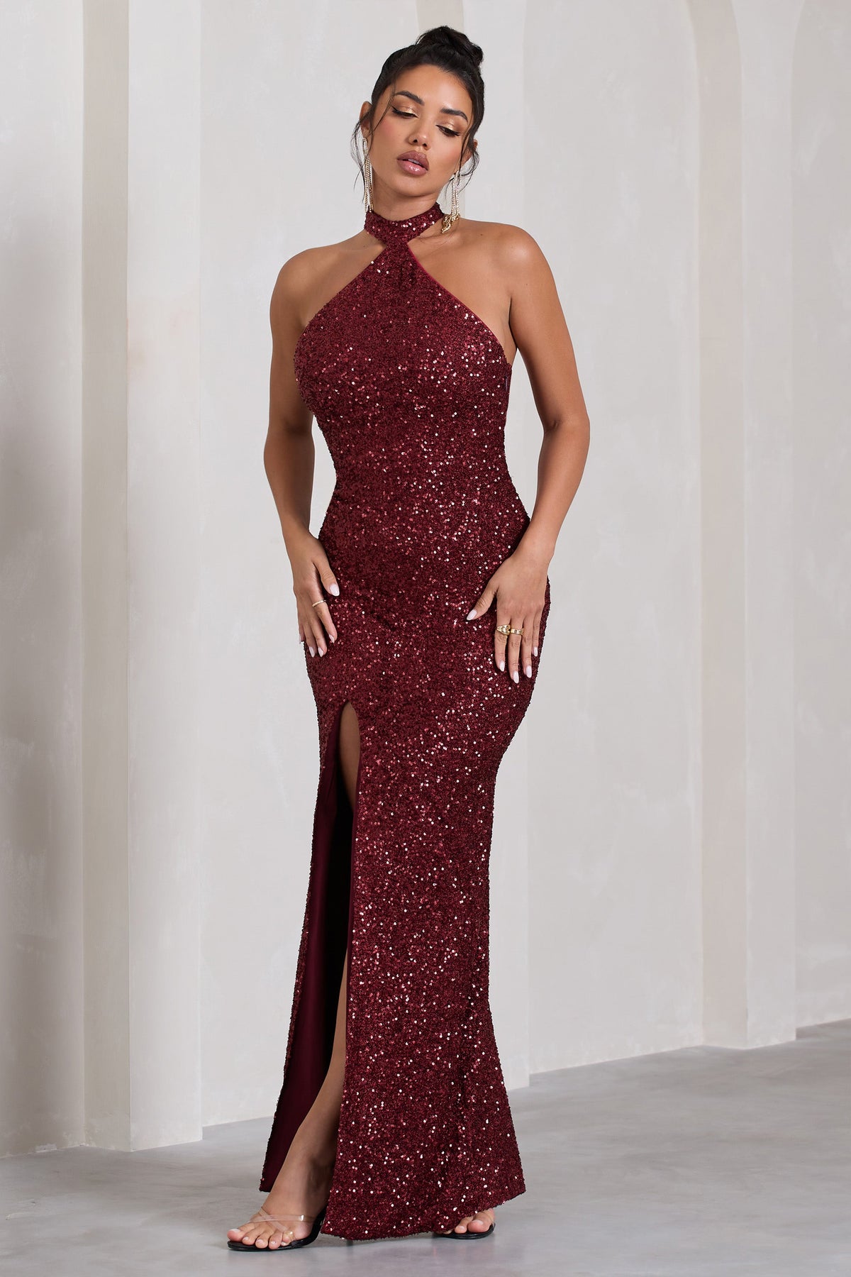 On The Rise | Berry Sequin High-Neck Strappy-Back Split Maxi Dress
