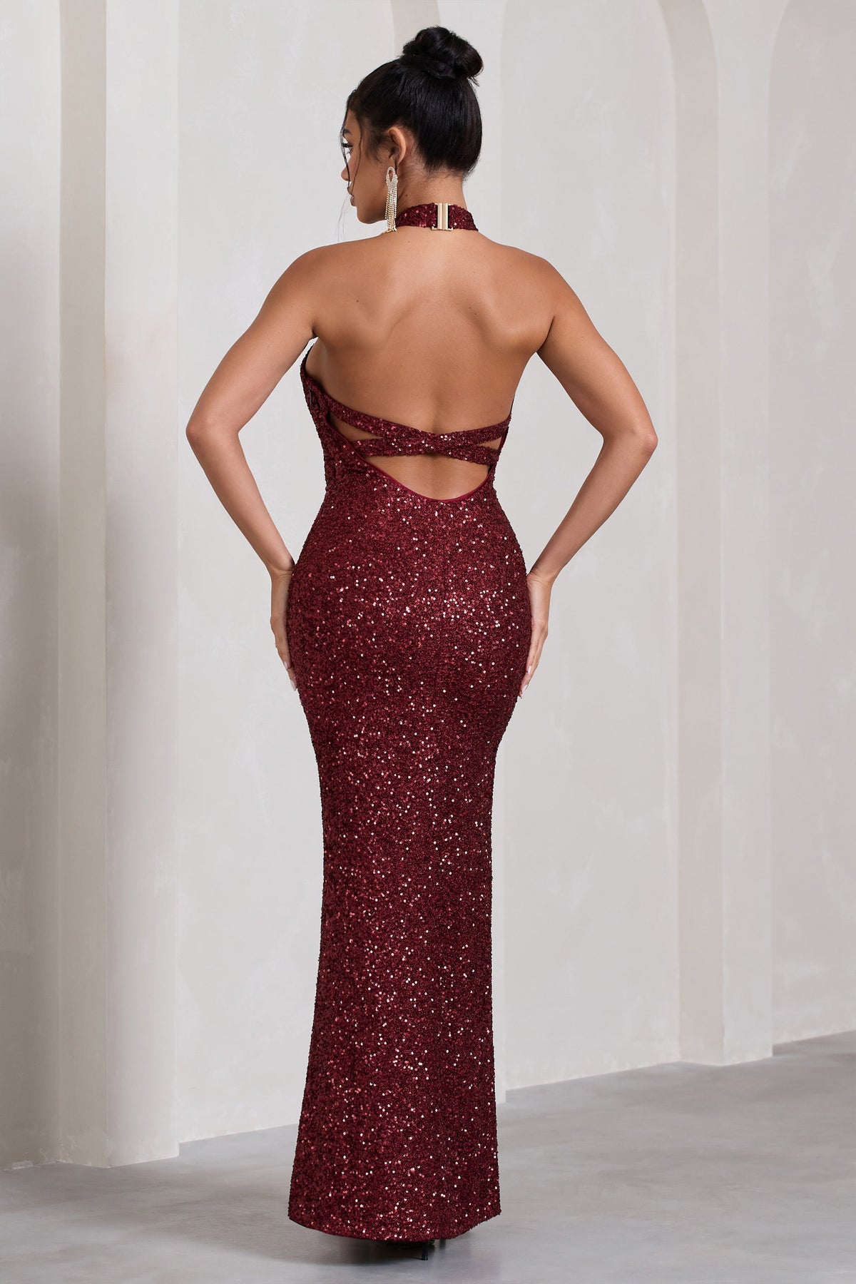 On The Rise | Berry Sequin High-Neck Strappy-Back Split Maxi Dress