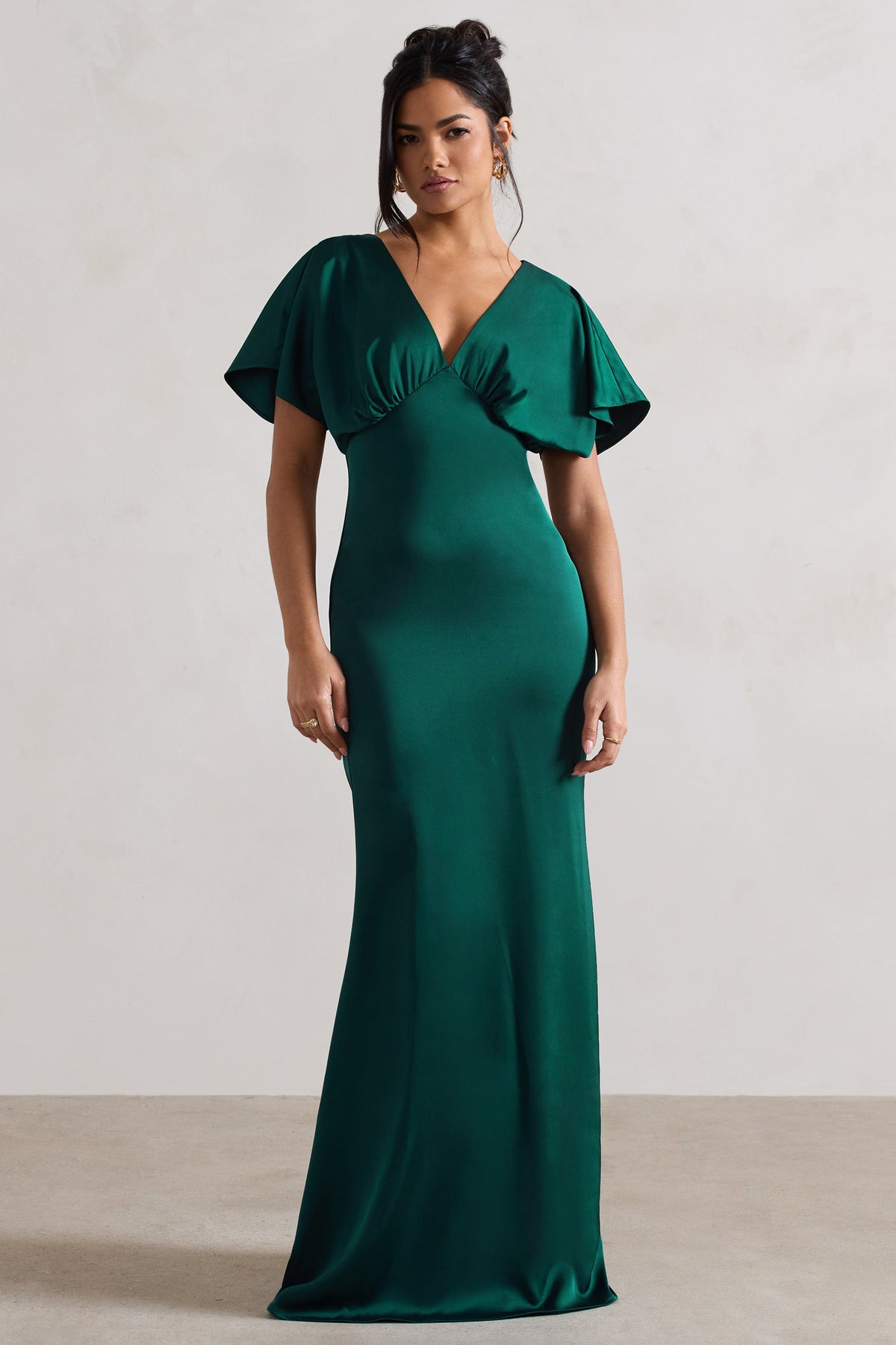 Marisa Dark Green Satin V Neck Flutter Sleeve Maxi Dress Club L