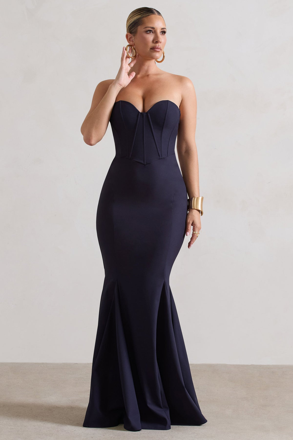 Navy fishtail online maxi dress