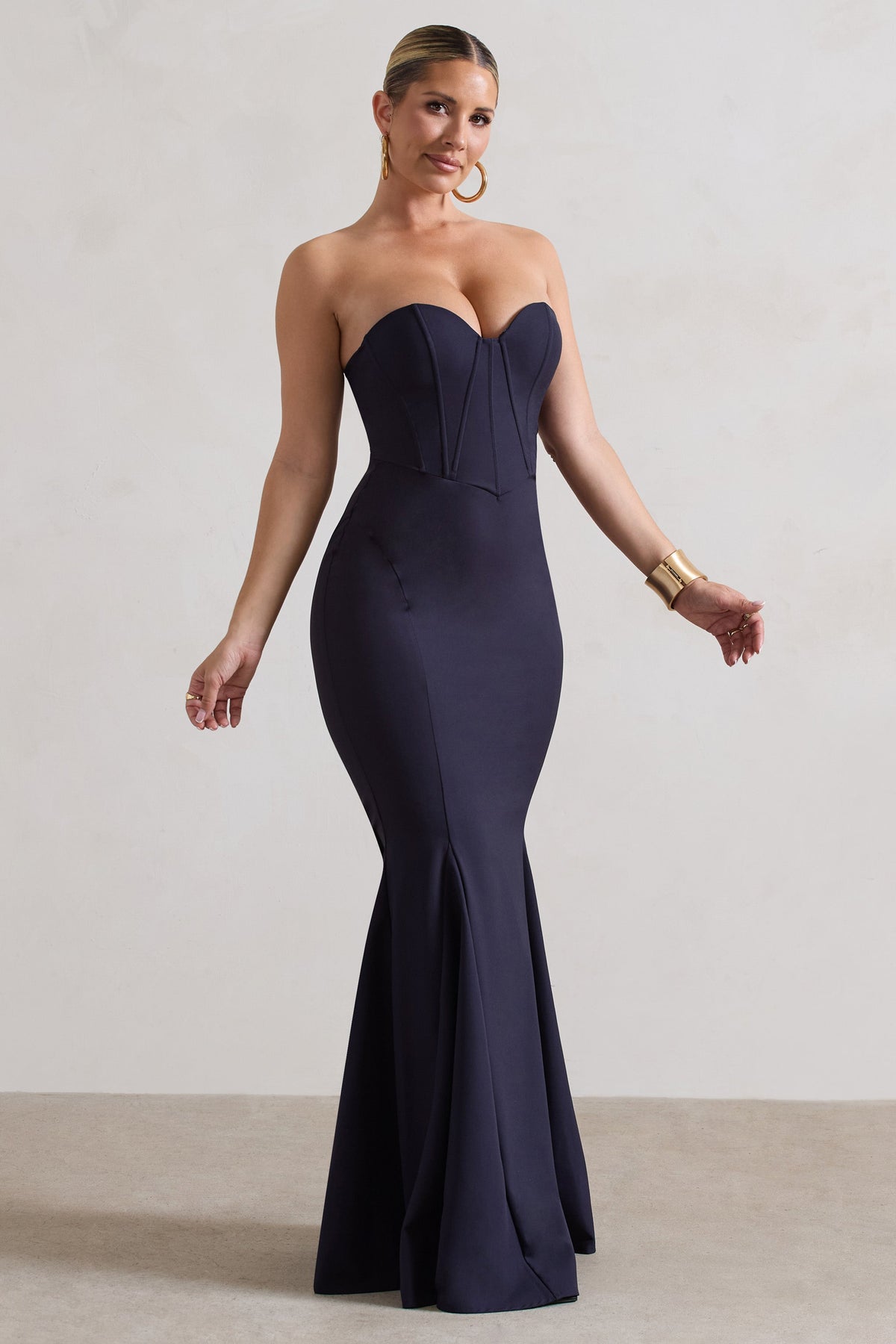 Idyllic Navy Strapless Corset Style Fishtail Maxi Dress Club L London IRE