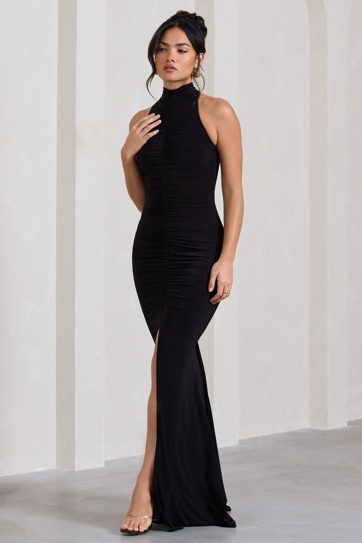 Memorable Black Ruched High-Neck Split Fishtail Maxi Dress – Club L London  - IRE