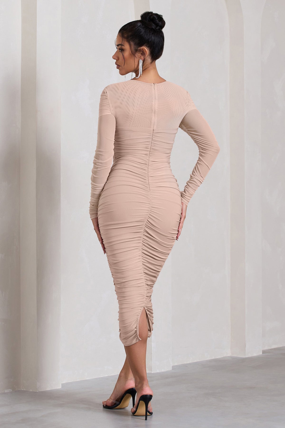 Between The Lines Nude Ruched Mesh Long-Sleeved Bodycon Midi Dress – Club L  London - IRE