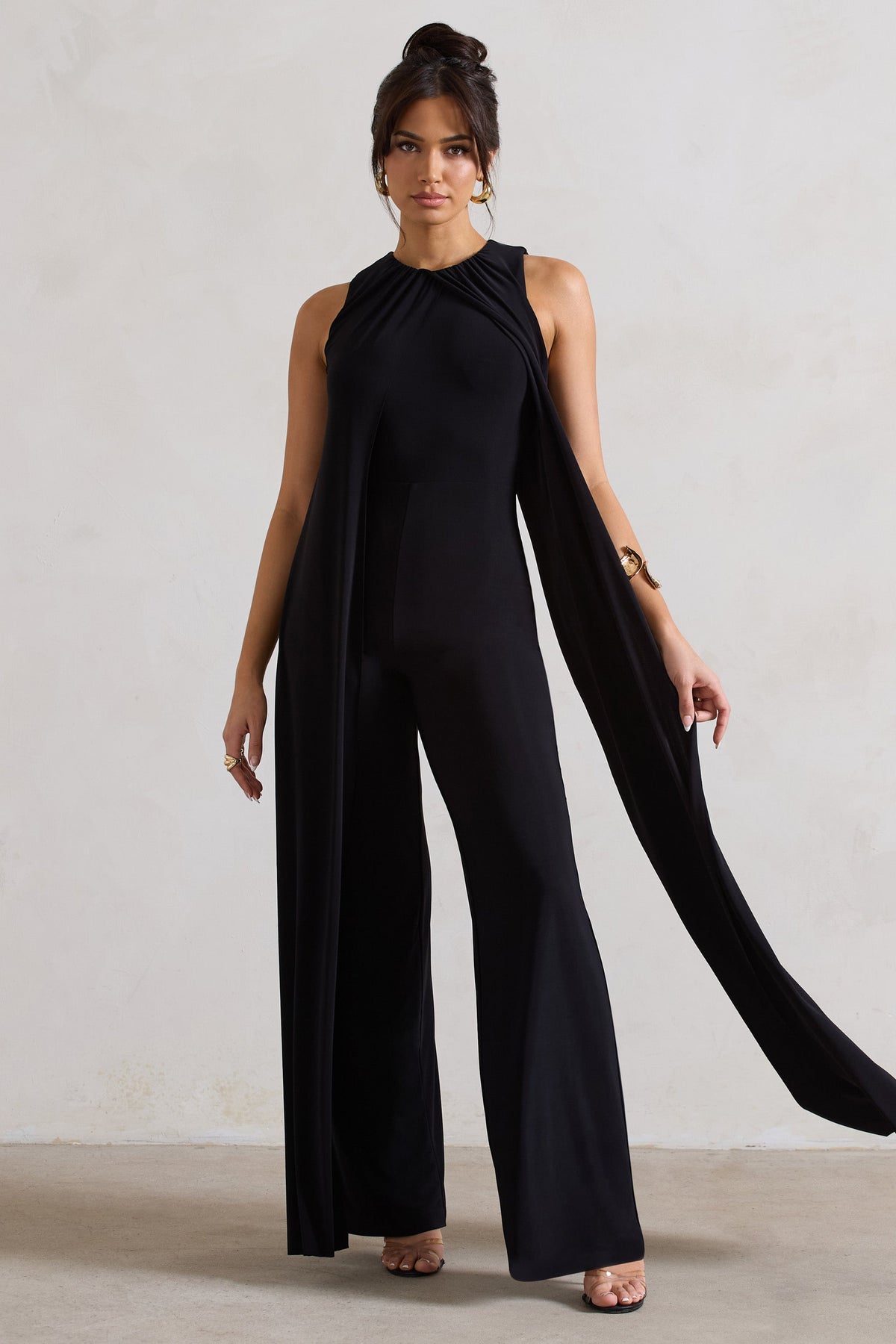 Essence Black High Neck Wide Leg Jumpsuit With Cape Club L London IRE