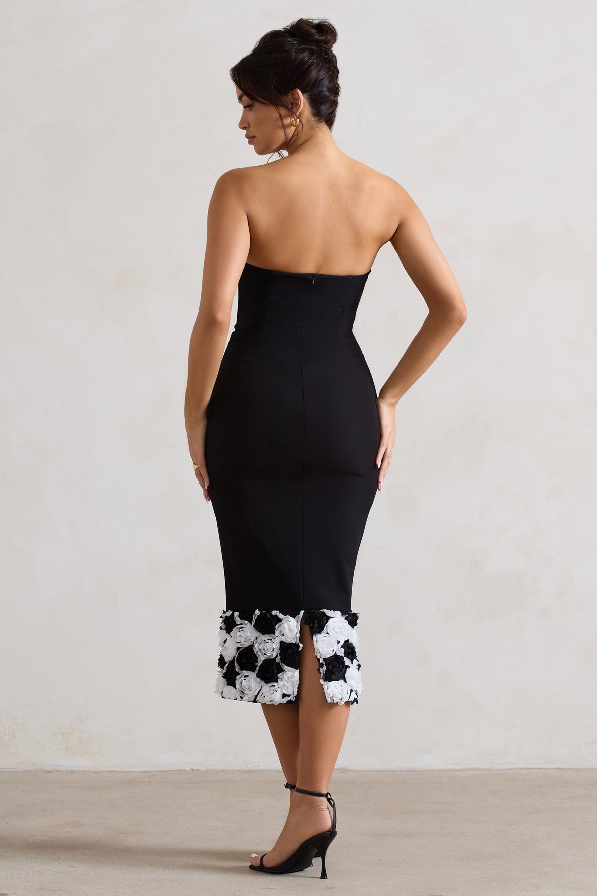 Ramona | Black Bodycon Sweetheart Midi Dress With Floral Trim