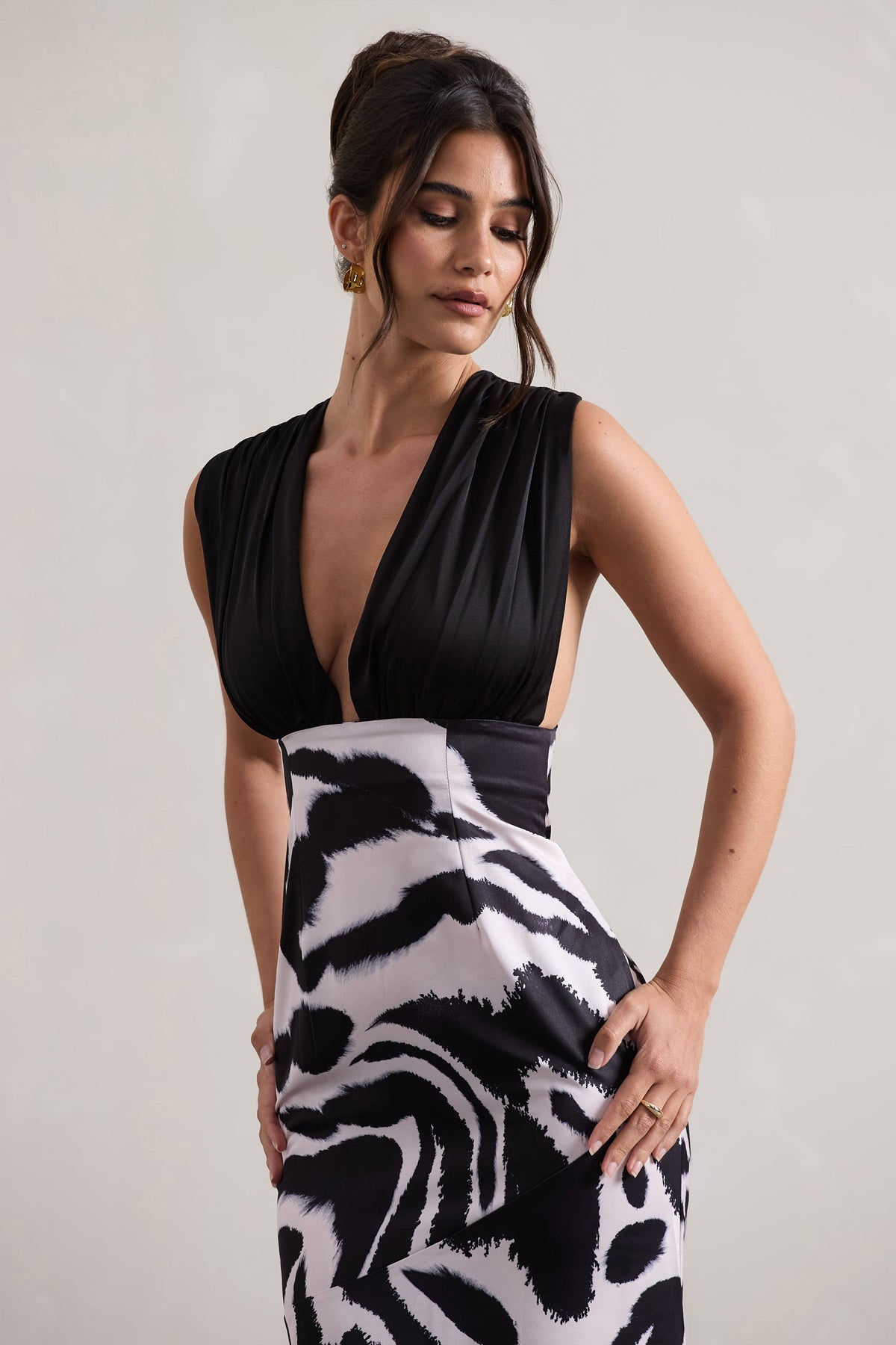 Azzara | Zebra Print Satin Ruched V-Neck Maxi Dress