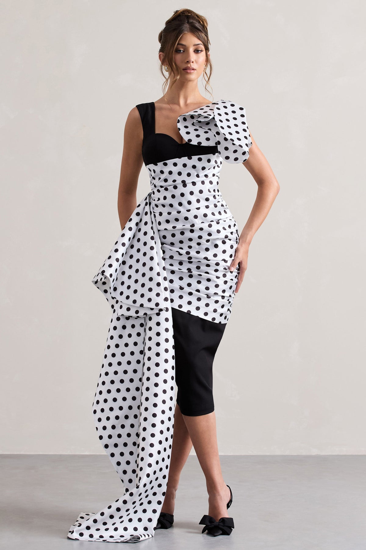 Unattainable Black Polka Dot Wrap Midi Dress Volume Drape Club L London IRE