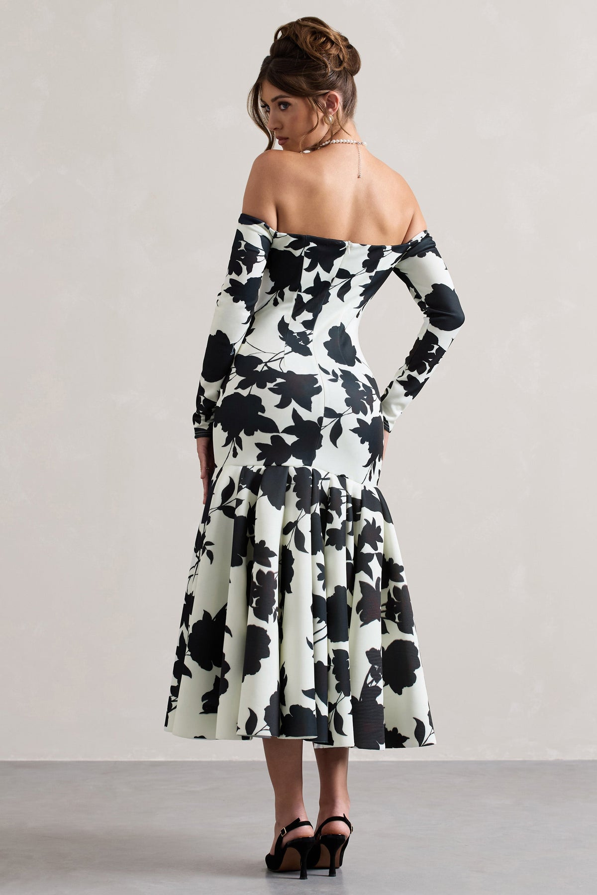 Elite | Cream Floral Print Bardot Maxi Dress With Volume Hem