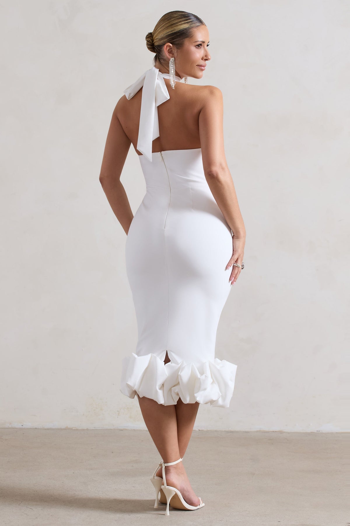 Ashton | White High-Neck Midi Dress With Ruffle Hem