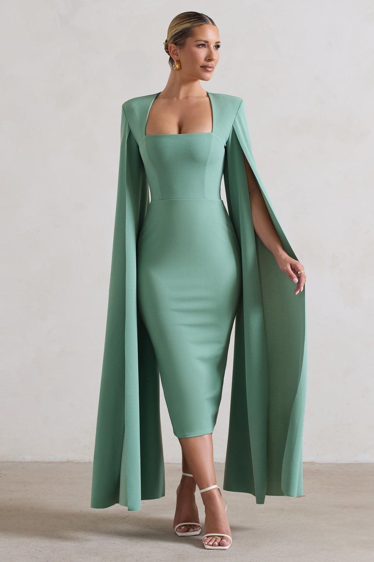 No Replacement Sage Green Square Neck Cape Sleeve Midi Dress Club L London IRE