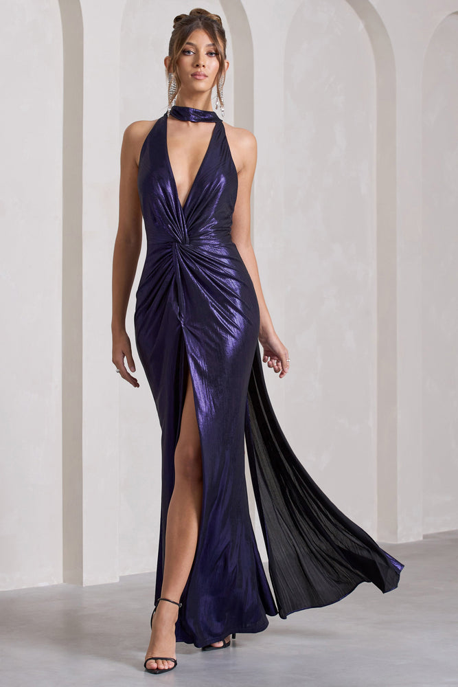 Purple Halter Top Formal Dresses Lost Purple Metallic Halter-Neck