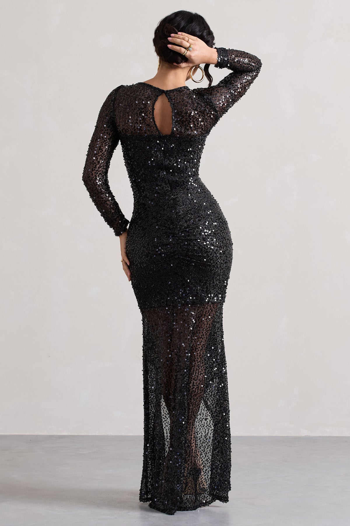 Stargirl | Black Sequin Sheer Ruched High-Low Maxi Dres