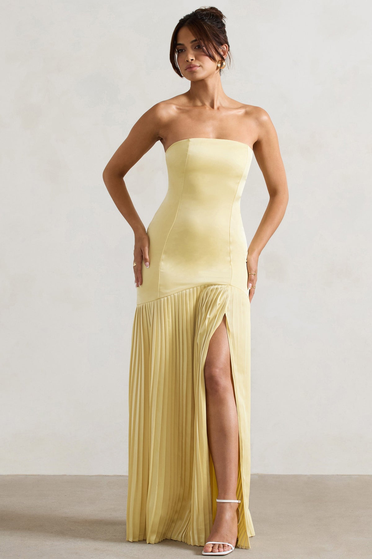 Confidence | Lemon Satin Bandeau Pleated Split Maxi Dress