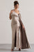 Gala | Taupe Satin One-Shoulder Cape Sleeve Split Maxi Dress