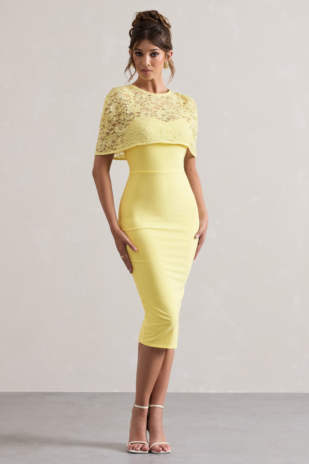Claudette | Lemon Bodycon Midi Dress With Lace Overlay