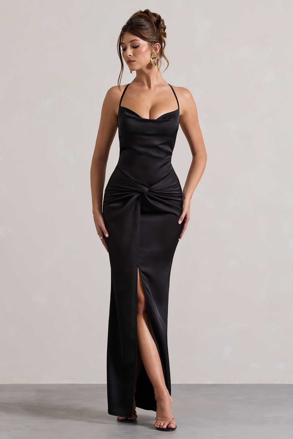 Hermosa Black Satin Cowl Neck Twisted Split Maxi Dress Club L London IRE