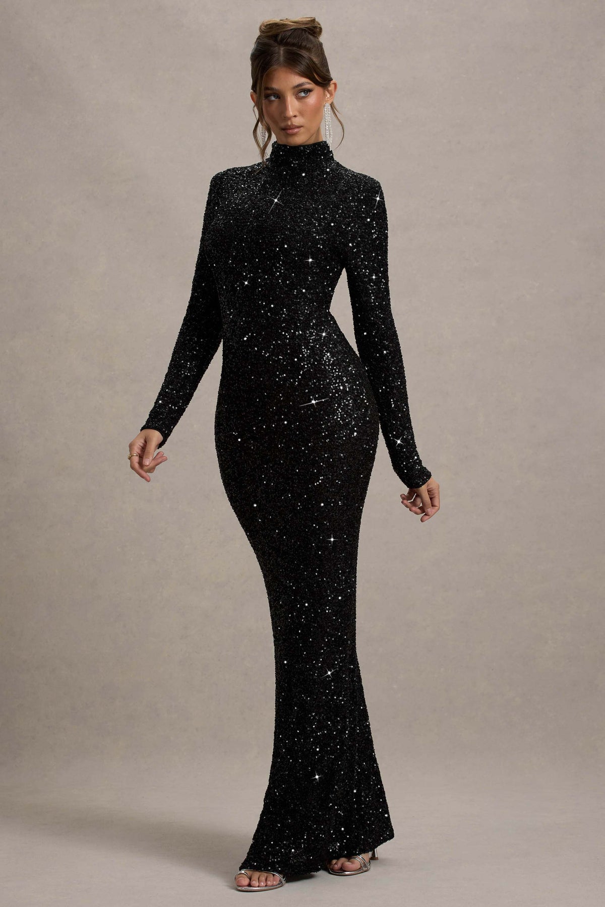 Galaxy | Black Sequin Turtle-Neck Long-Sleeve Maxi Dress