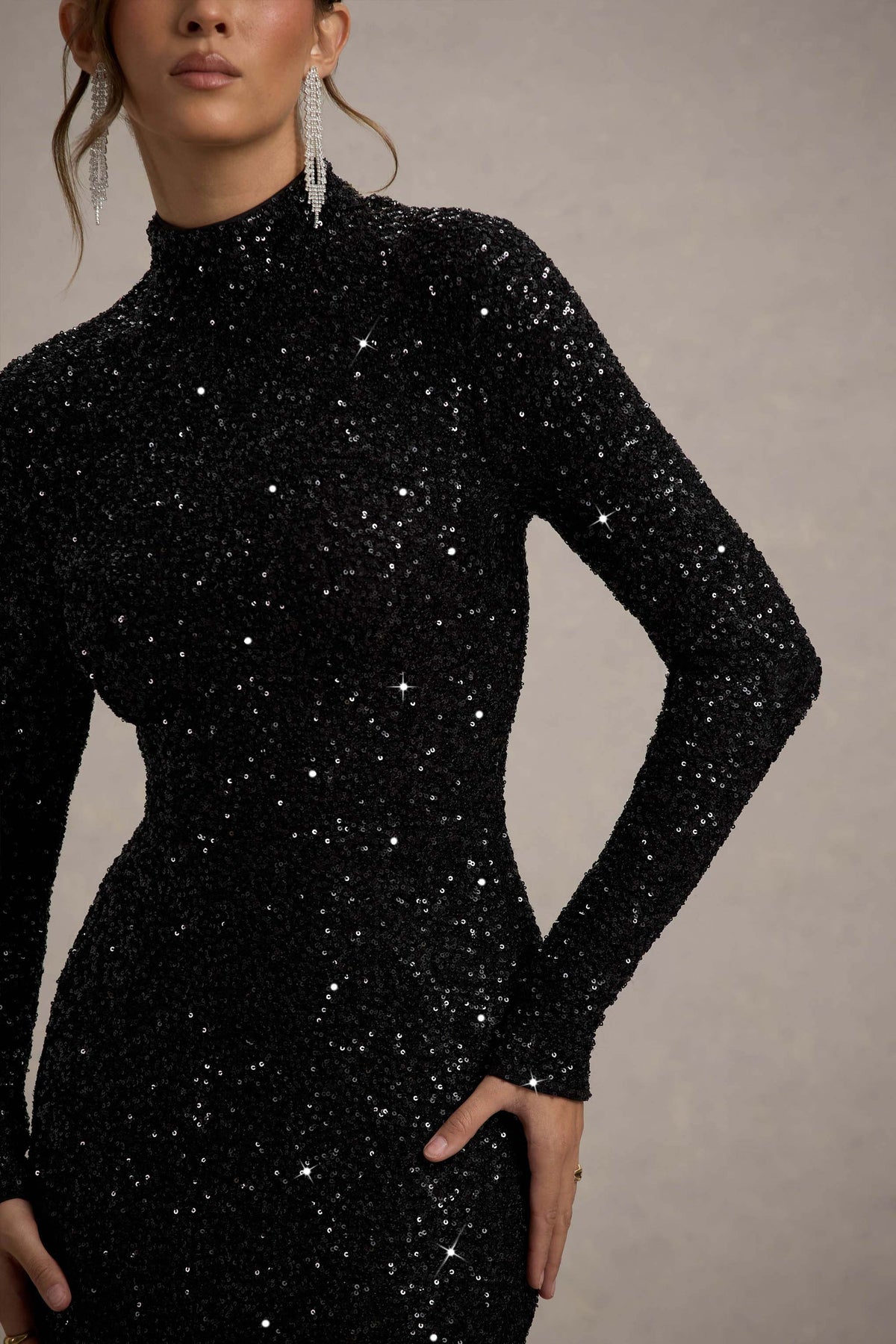 Galaxy | Black Sequin Turtle-Neck Long-Sleeve Maxi Dress